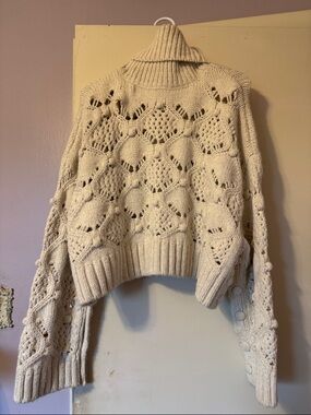 Zara Cream Turtleneck Open-Knit Women's Sweater
